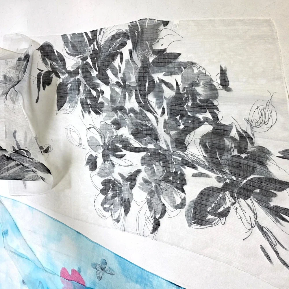 Scarf Set 19 x 64 Womens Blue White Butterfly Floral Sheer Lightweight Wrap Fall